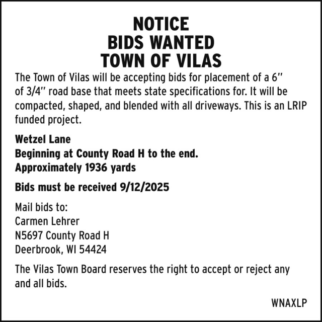 Notice, Town of Vilas - Carmen Leher, Deerbrook, WI