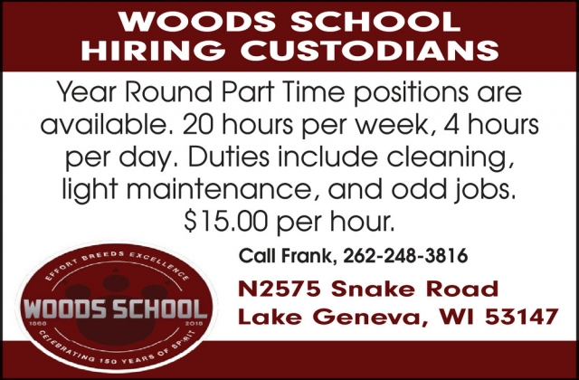 Custodial Position in Lake geneva, Woods School, Lake Geneva, WI