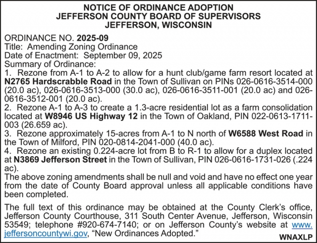 Notice of Ordinance Adoption, Jefferson County, Jefferson, WI