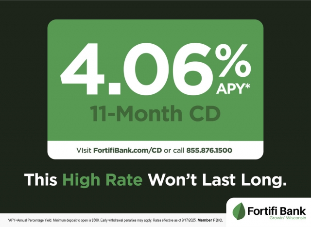 4.06% APY* 11-Month CD, Fortifi Bank, Green Lake, WI