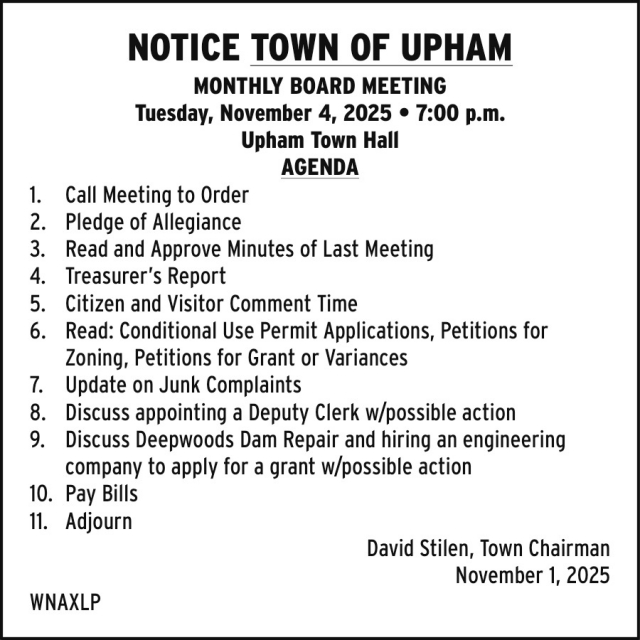 Notice, Town of Upham, Summit Lake, WI