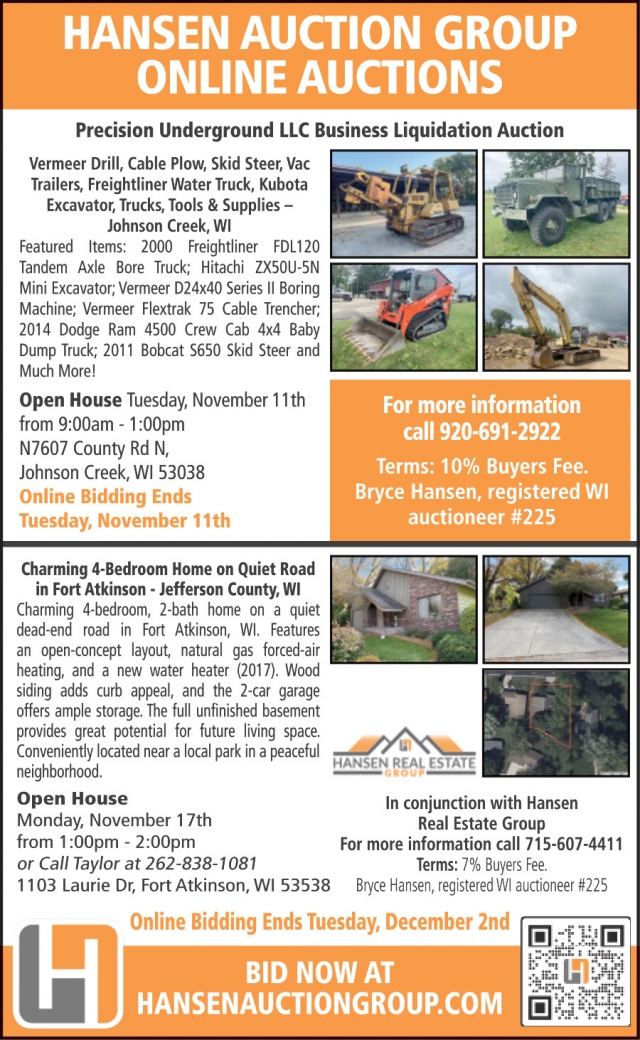 Online Auctions, Hansen Auction Group, Downing, WI