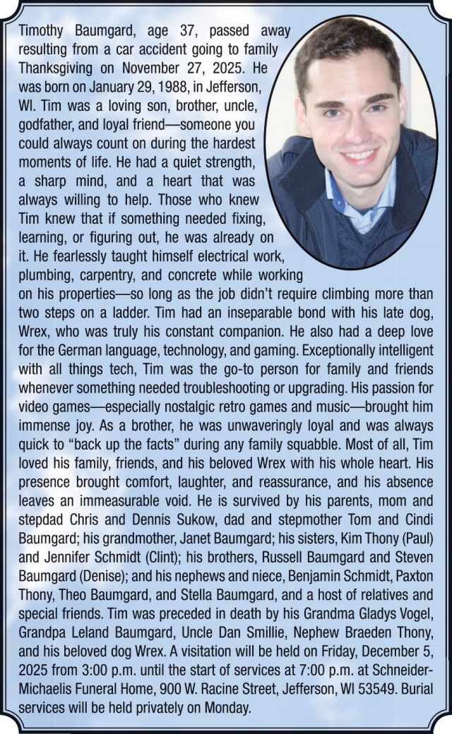 Timothy Baumgard, Obituaries, WI