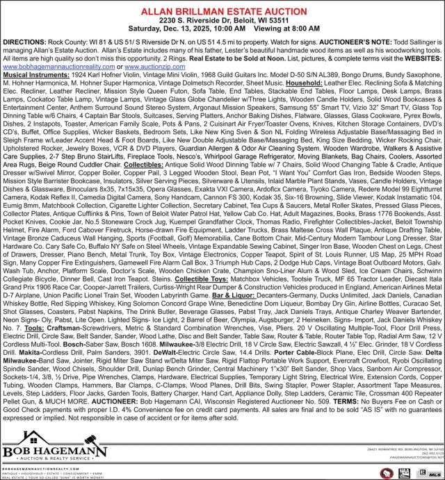 Allan Brillman Estate Auction, Bob Hagemann Auction & Realty Service, Burlington, WI