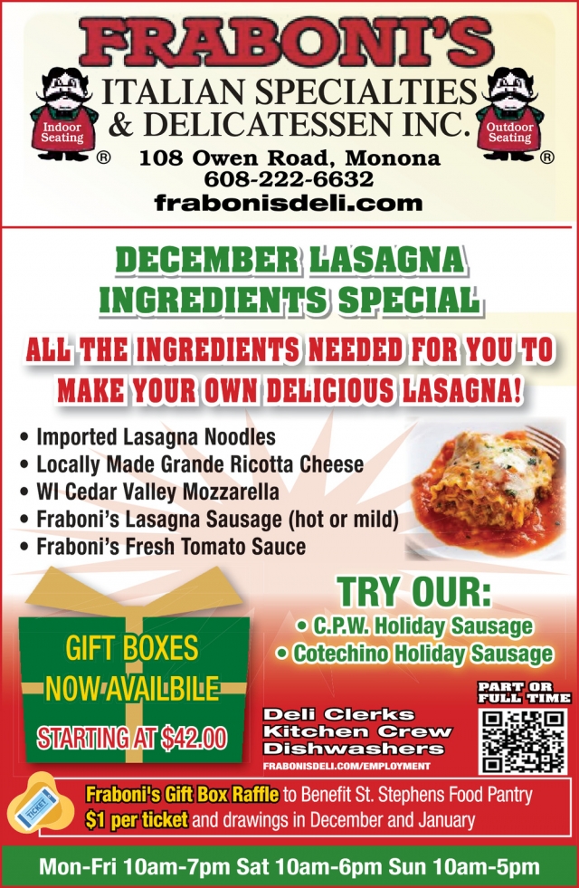 December Lasagna Ingredients Special, Fraboni's Italian Specialties & Delicatessen, Inc, Madison, WI