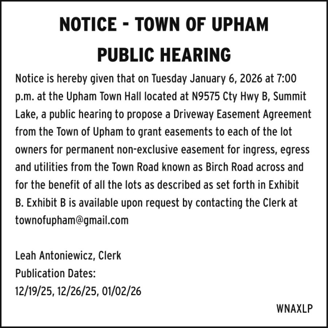Public Hearing, Town of Upham, Summit Lake, WI
