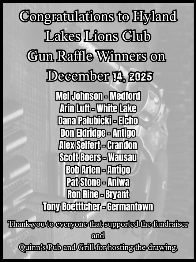 Congratulations Gun raffle Winners, Hyland Lakes Lions Club