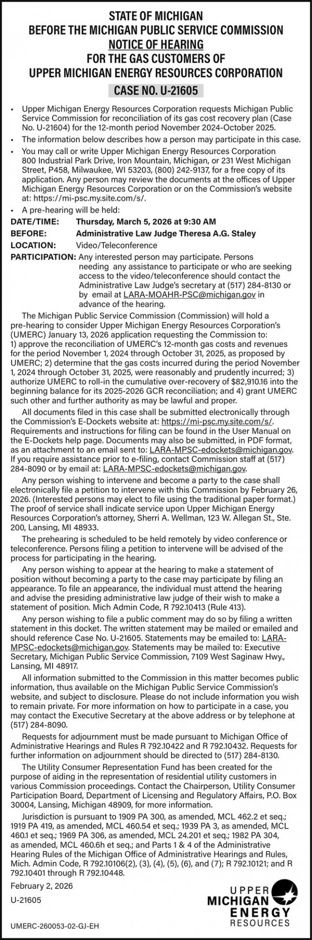 Notice of Hearing, Upper Michigan Energy Resources