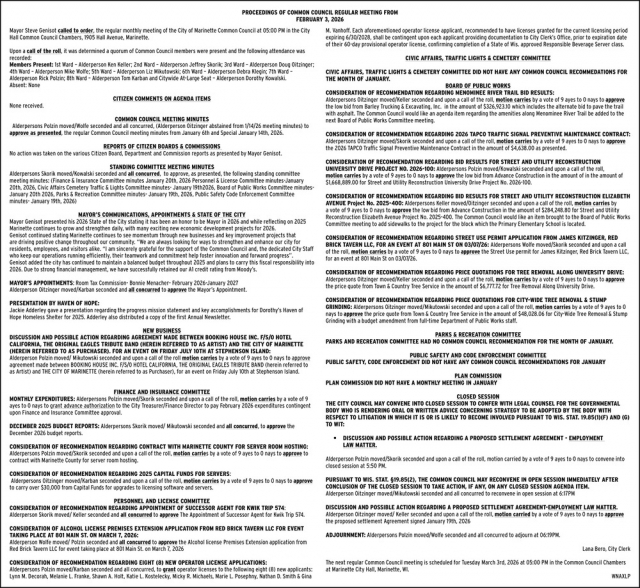 Regular Meeting, City of Marinette, Marinette, WI