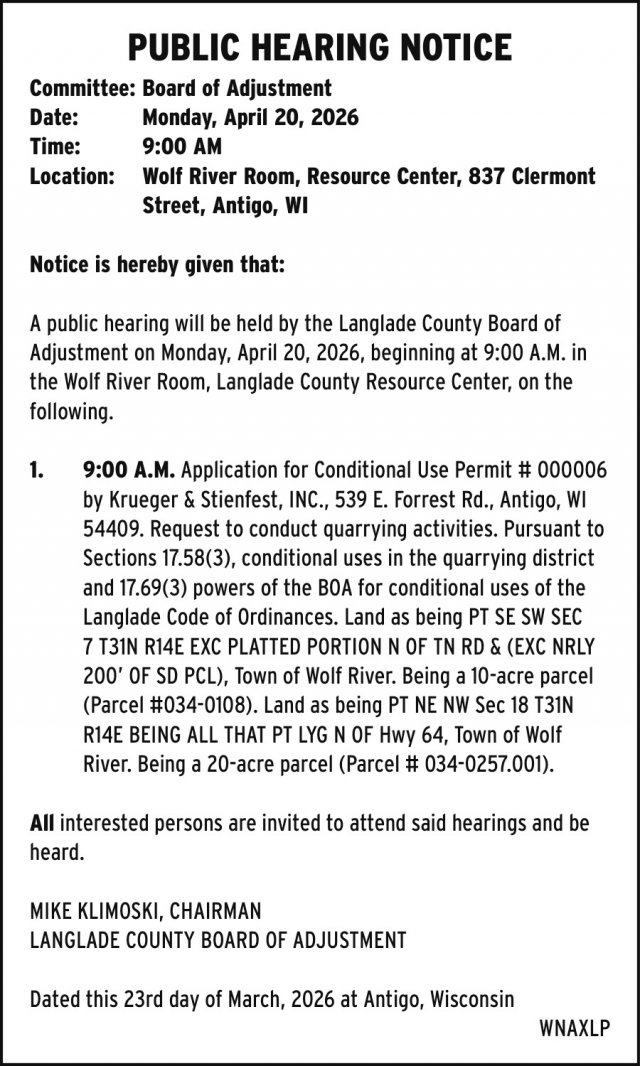 Public Hearing Notice, Langlade County