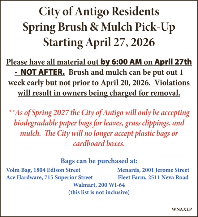 Spring Brush & Mulch Pick-Up, City of Antigo, Antigo, WI