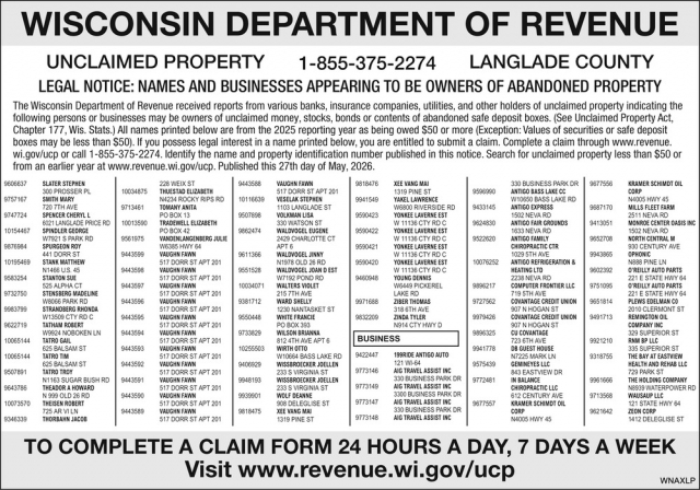 Unclaimed Property, Wisconsin Department of Revenue