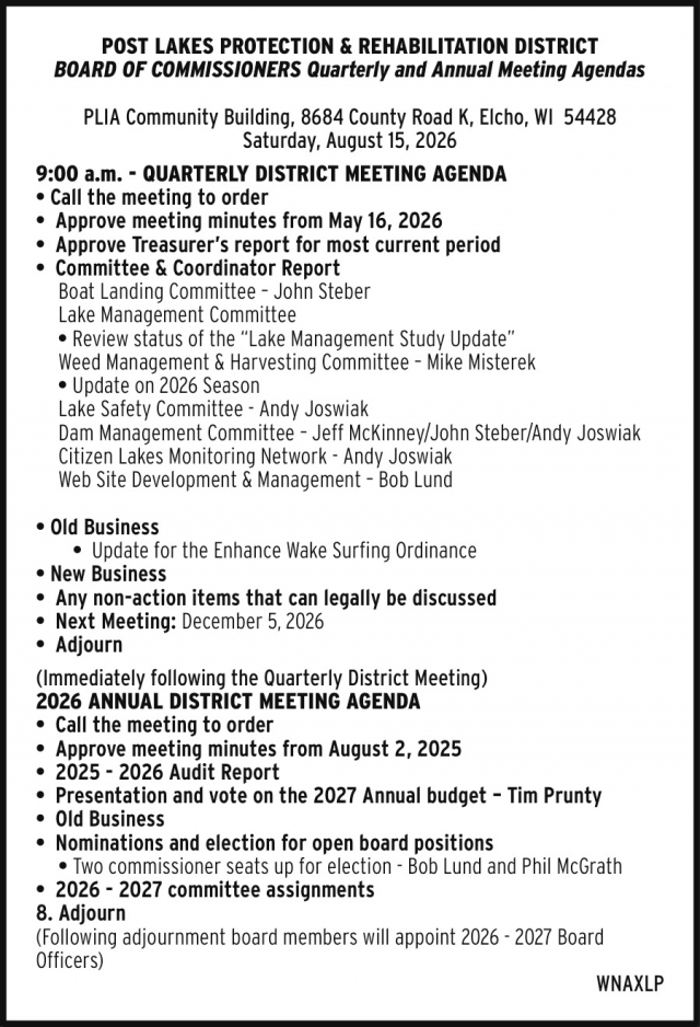 Board of Commissioners Quarterly and Annual Meeting Agendas, Post Lakes Protection & Rehabilitation District