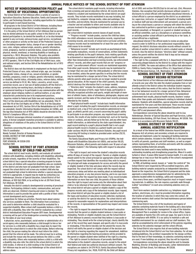 Annual Public Notices, School District of Fort Atkinson, Fort Atkinson, WI