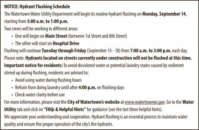 Notice: Hydrant Flushing Schedule, City Of Watertown, Watertown, WI