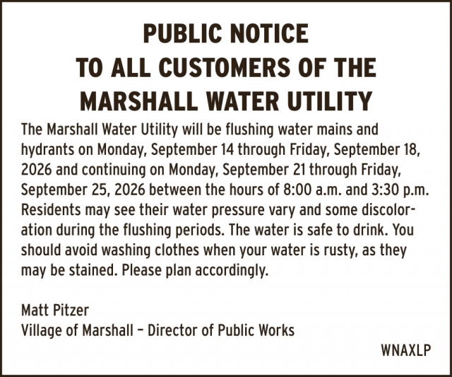 Public Notice, Village of Marshall, Marshall, WI