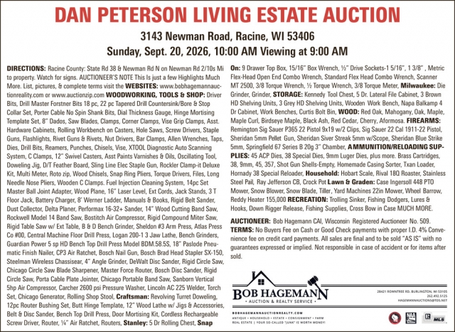 Dan Peterson Living Estate Auction, Bob Hagemann Auction & Realty Service, Burlington, WI