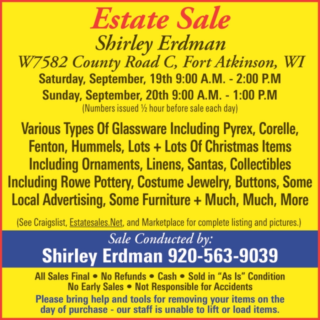 Estate Sale, Shirley Erdman Estate Sales, Fort Atkinson, WI