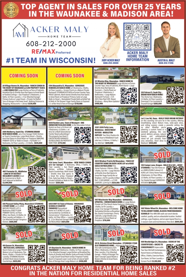 Top Agent In Sales For Over 25 Years In The Waunakee & Madison Area!, Re/Max - Judy Acker Maly, Waunakee, WI