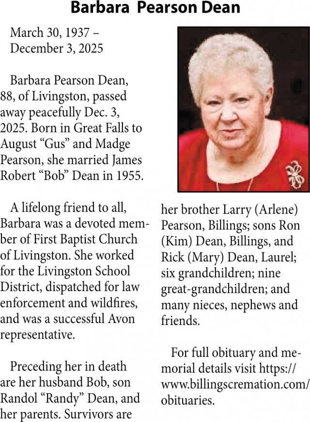 Barbara Pearson Dean, Obituaries, Glendive, MT