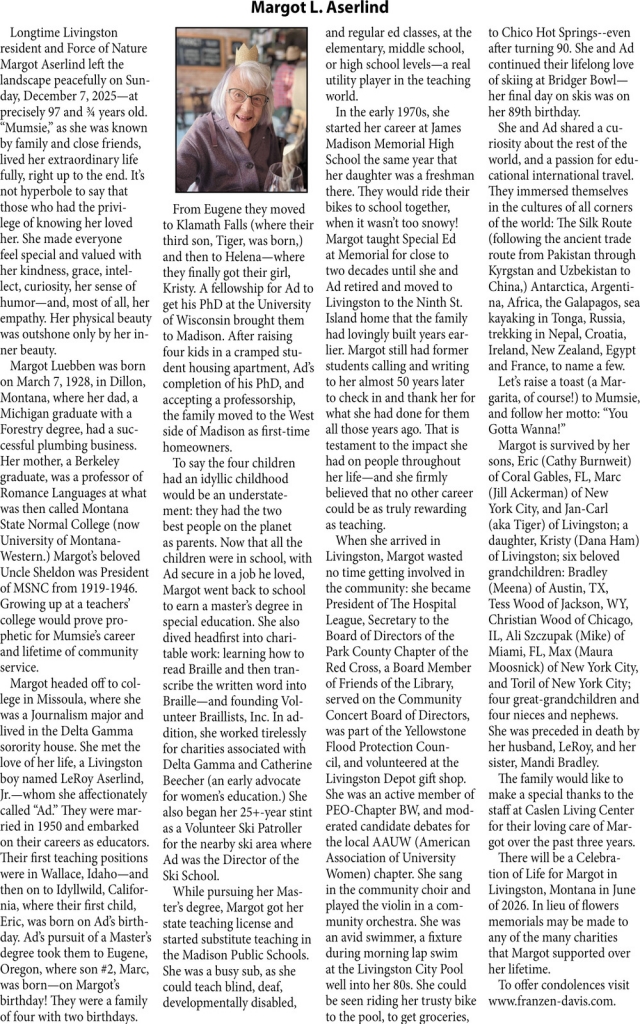 Margot L. Aserlind, Obituaries, Glendive, MT