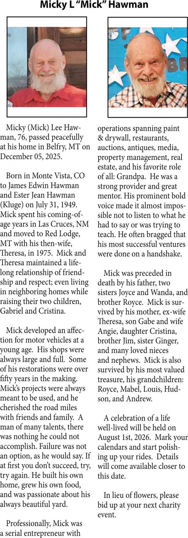 Micky L Hawman, Obituaries, Glendive, MT