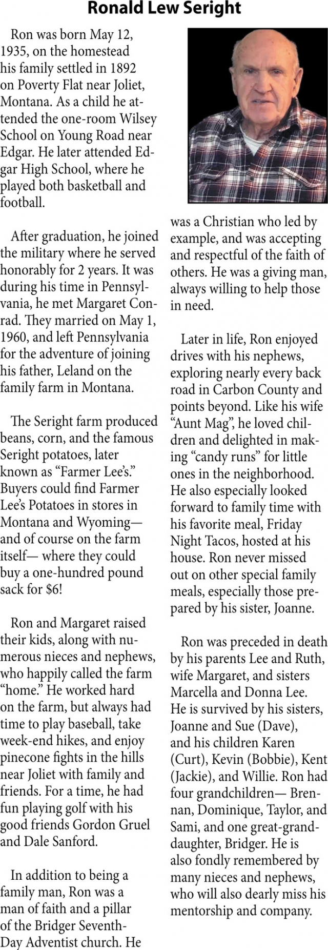 Ronald Lew Seright, Obituaries, Glendive, MT