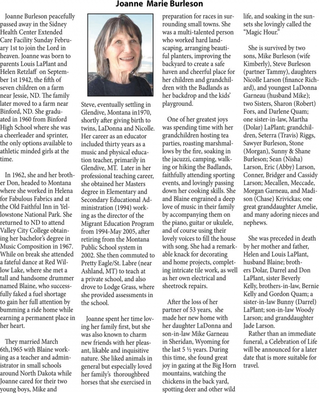Joanne Marie Burleson, Obituaries, Glendive, MT