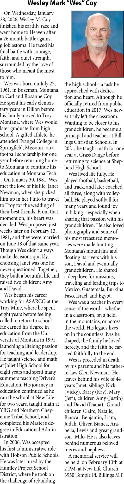 Wesley Mark Coy, Obituaries, Glendive, MT