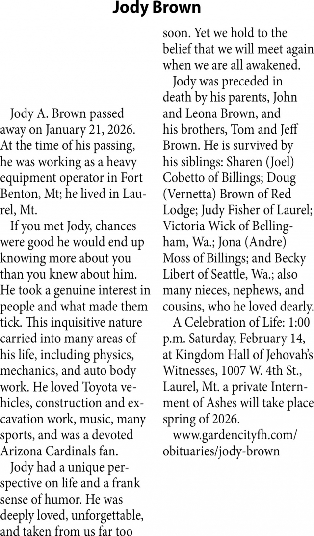 Jody Brown, Obituaries, Glendive, MT