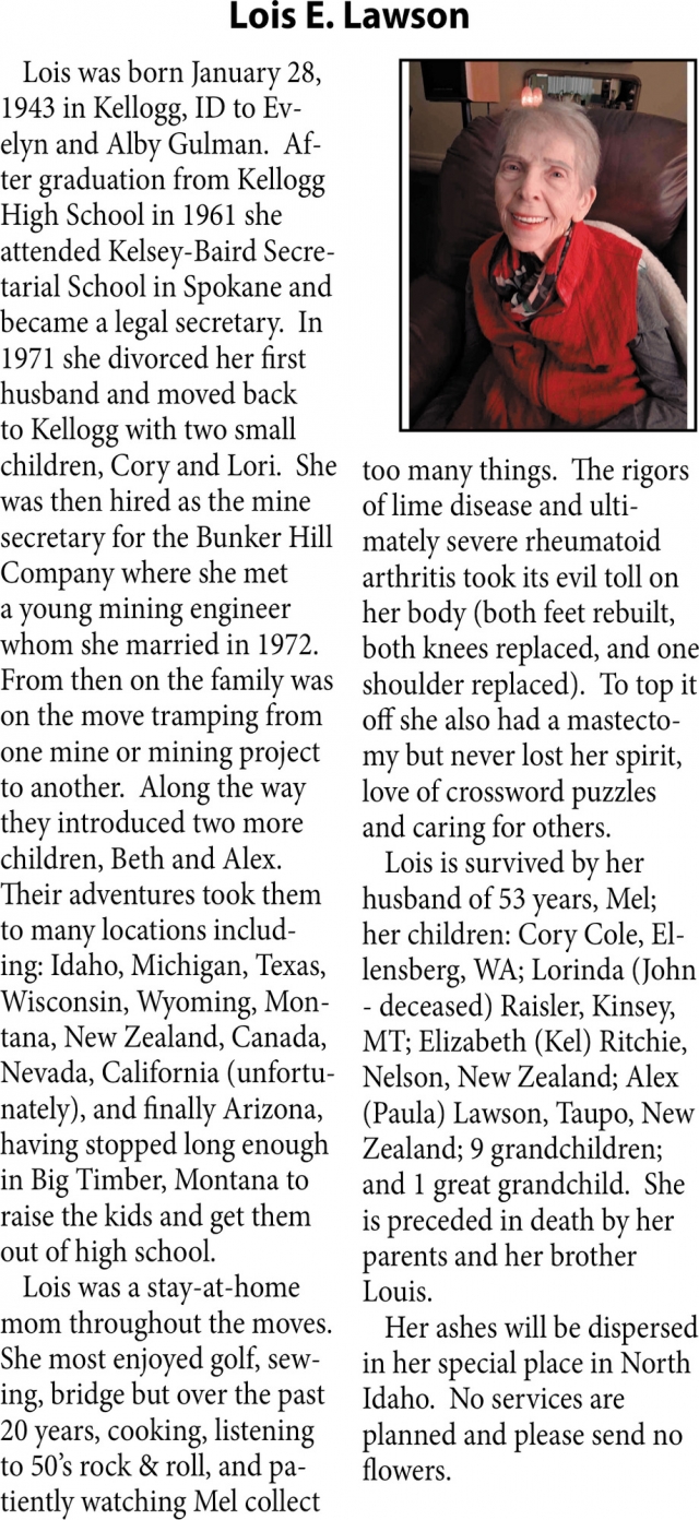 Loes E. Lawson, Obituaries, Glendive, MT