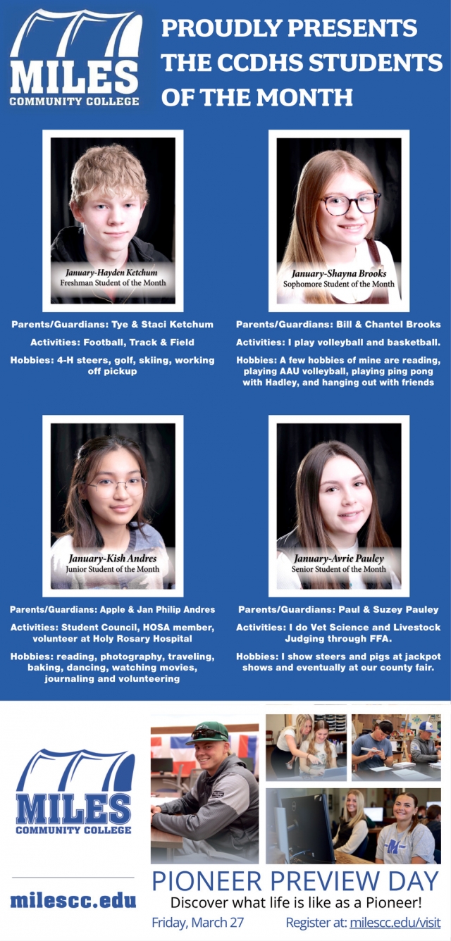 Proudly Presents the CCDHS Students of the Month, Miles Community College, Miles City, MT