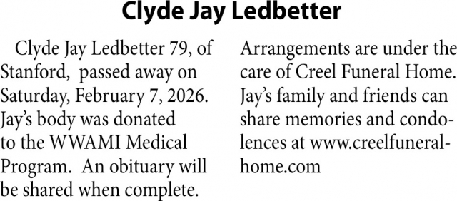 Clyde Jay Ledbetter, Obituaries, Glendive, MT