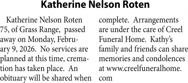 Katherine Nelson Roten, Obituaries, Glendive, MT