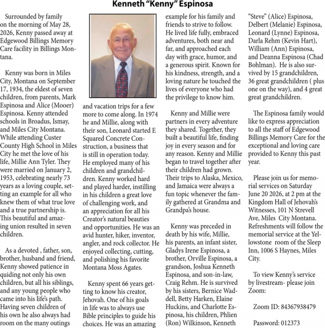 Kenneth Espinosa, Obituaries, Glendive, MT
