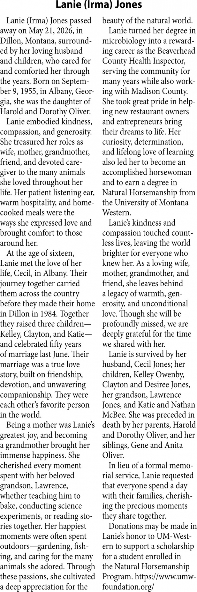 Lanie Jones, Obituaries, Glendive, MT