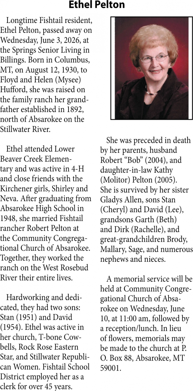 Ethel Pelton, Obituaries, Glendive, MT