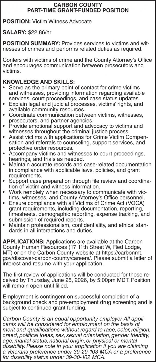 Victim Witness Advocate, Carbon County