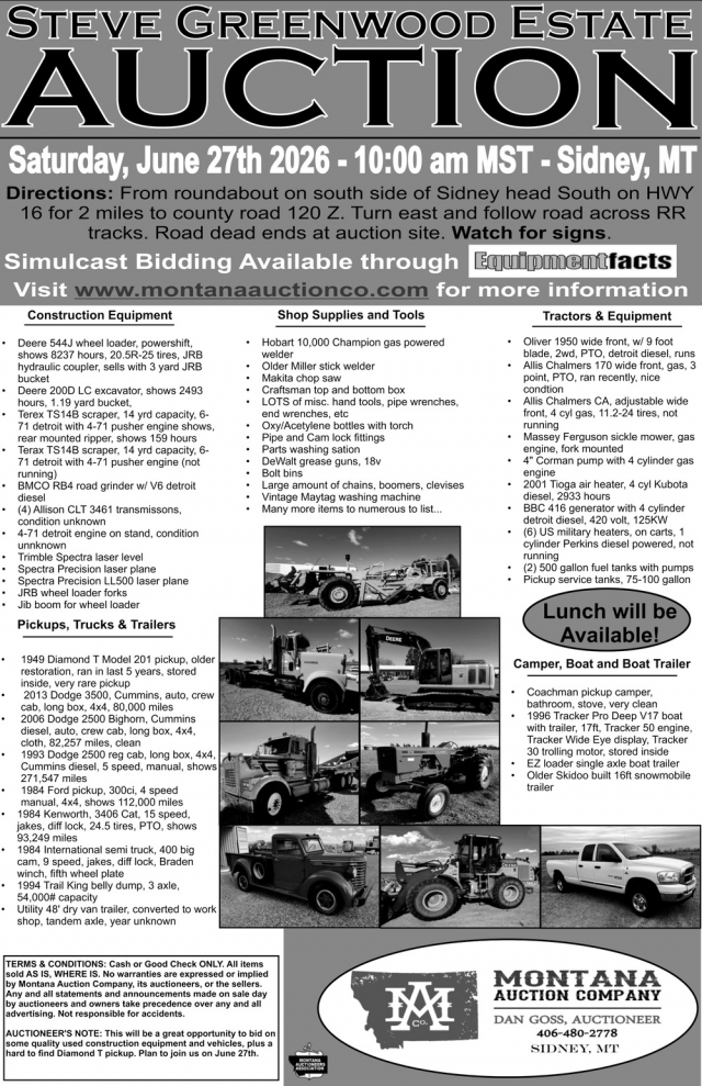 Steve Greenwood Estate Auction, Montana Auction Company, Sidney, MT