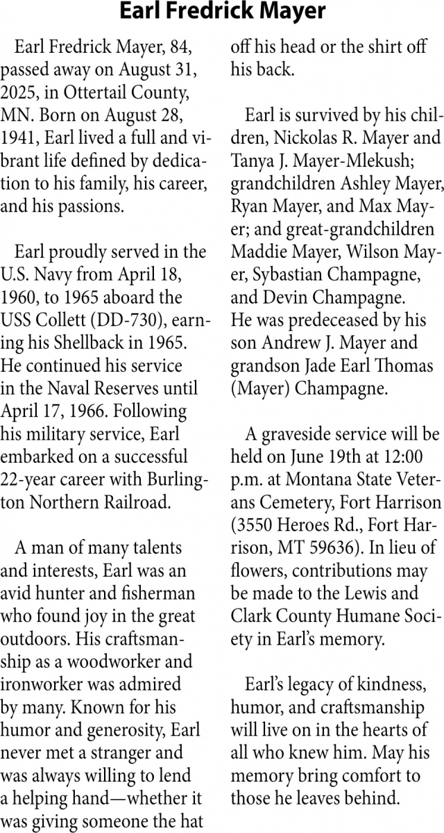 Earl Frederick Mayer, Obituaries, Glendive, MT