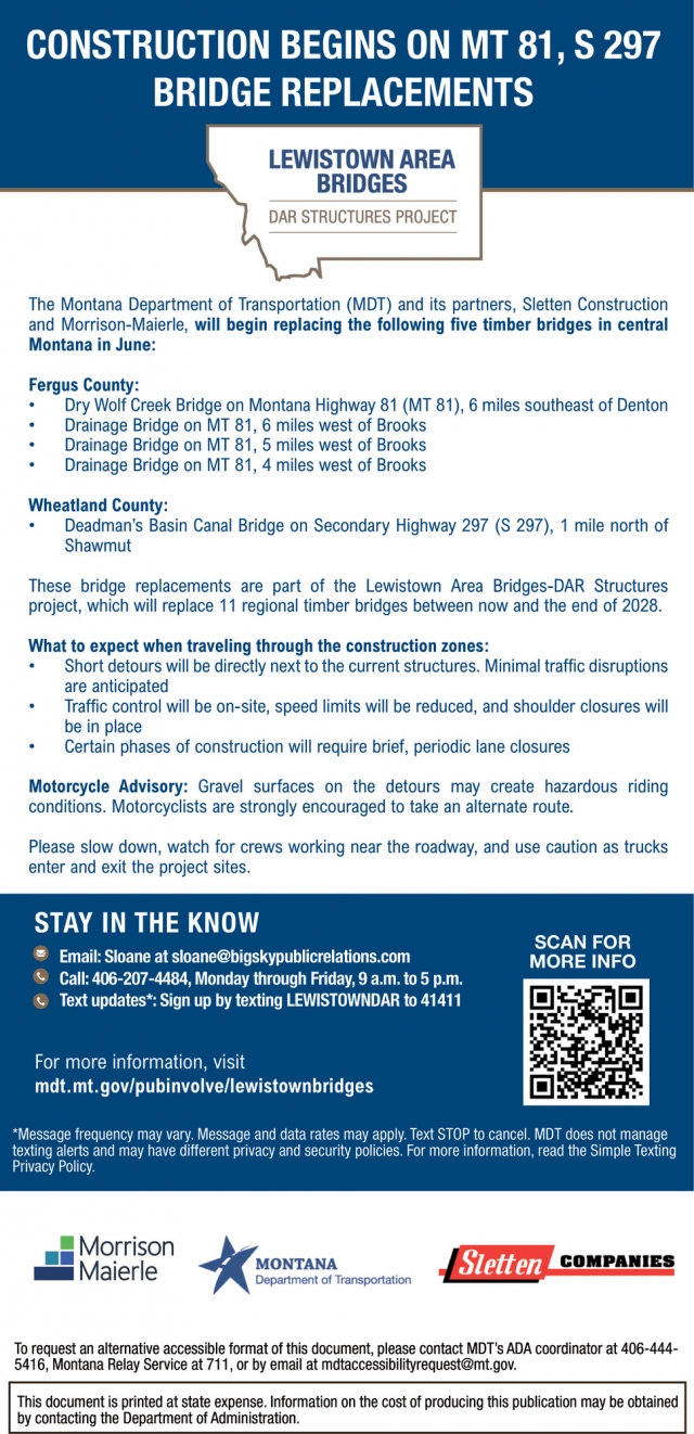 Lewistown Area Bridges DAR Structures Project, Montana Department of Transportation, Helena, MT