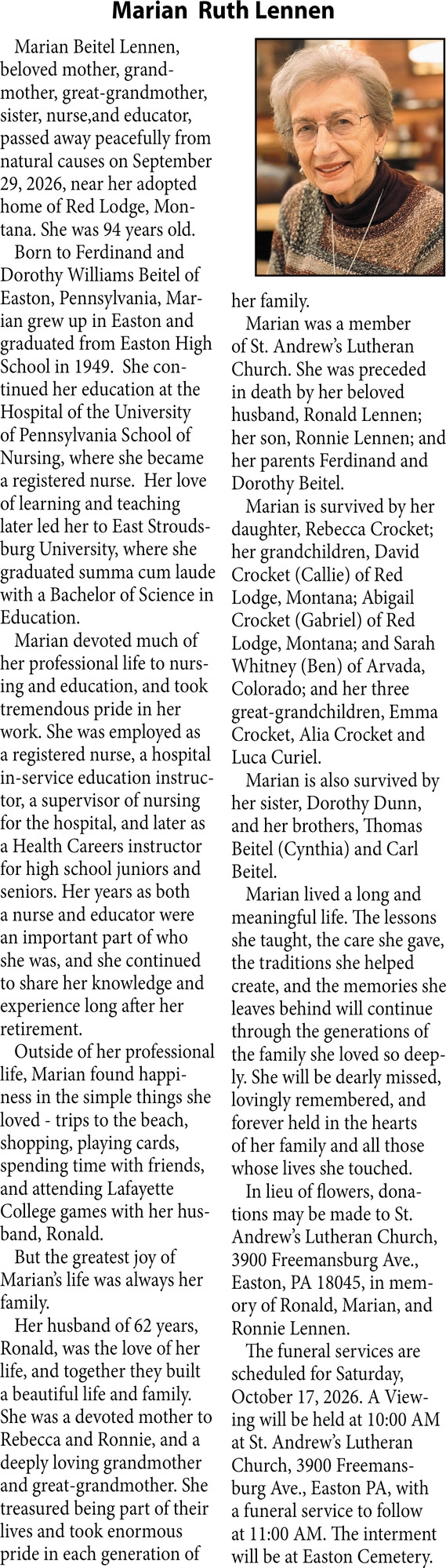 In Loving Memory, Marian Ruth Lennen